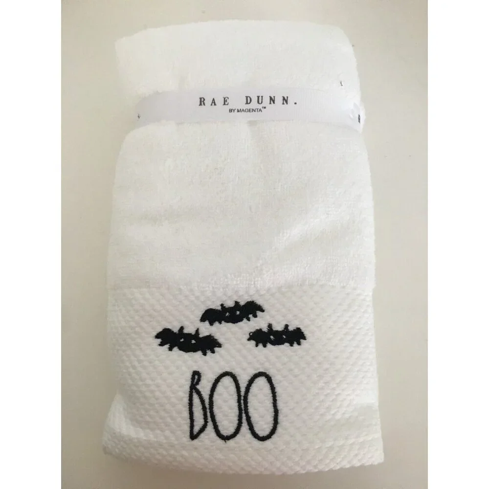 Rae Dunn Halloween Hand Towels Boo Bats Set of 2 16 x 30 in White with Black New